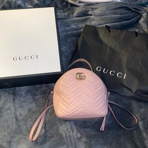 GUCCI PINK BACKPACK- Calfskin Matelasse GG Marmont Dome Light Pink OBO